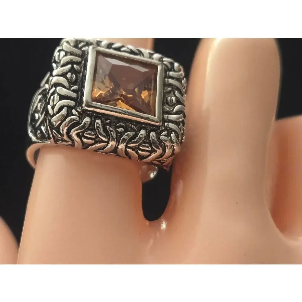 Women's Size 9 Amber Crystal CZ Silver Tone Ring